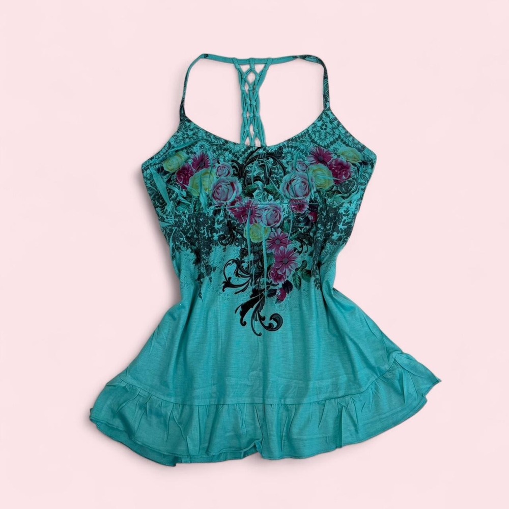 y2k Decree blue & purple floral babydoll racerback fairy boho tank top